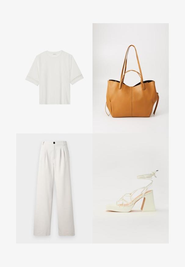 Hvit t-skjorte med kort erme laget av bomull, med dekorativ blondekant langs ermene og en rund halslinning.; Beige vide bukser laget av glatt stoff, med frontfolder, en enkelt knappelukking og sidelommer for praktisk bruk.; Hvit høyhælte sandal med kraftig hæl, med en stroppe-design og ankelbånd. Glatt tekstur med plattform foran for ekstra høyde.; Brun skinnveske med teksturert overflate, bred åpning og to lange håndtak. Har et enkelt design og minimalt med beslag.