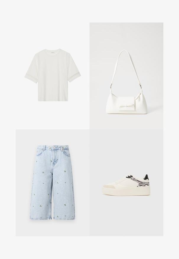 Biele tričko s krátkym rukávom vyrobené z bavlny, s dekoratívnym čipkovým lemovaním pozdĺž rukávov a okrúhlym výstrihom.; Svetlé deninové šortky s kvetinovou výšivkou, obsahujúcou sedmokrásky a zelené listy. Klasický dizajn s piatimi vreckami a roztrhnutým lemom.; Even&Odd Tenisky - white/black; Biela syntetická kabelka s trojuholníkovým tvarom, plochým predným klapkou a detailom mašle, nastaviteľným popruhom, hladkou textúrou a minimalistickým dizajnom.