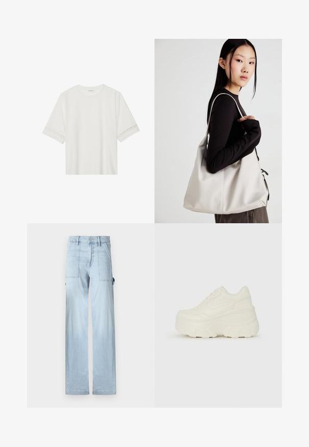 Bela kratka majica s kratkimi rokavi iz bombaža, okrašena z dekorativnim čipkastim robom ob rokavih in okroglo izrezom.; Svijetloplava traperica s ravnim nogavicama, džepovima sprijeda i bočnim džepovima. Tkanina ima suptilnu izblijedjelu teksturu.; Bele platformske tene z belim zgornjim delom, ki spominja na usnje, okroglo obliko, oblazinjen ovratnik ter gumo z teksturo na podplatu z izrazitimi profili.; Bežna torbica iz mehkega materiala, z ohlapno zasnovo, šivi in dvema naramnicama. Primerna za vsakodnevno uporabo.