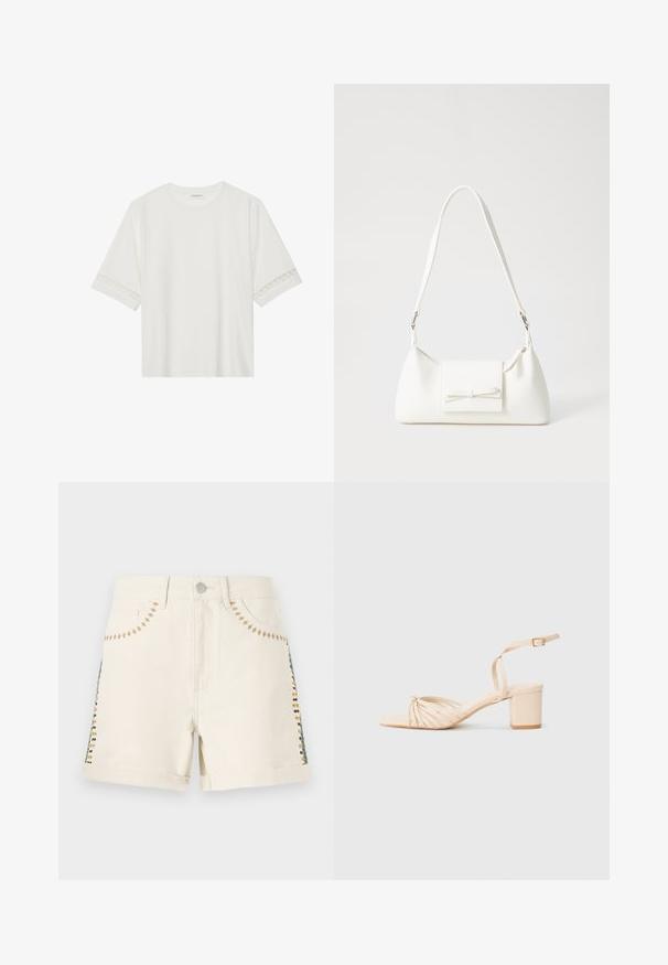 White short-sleeve t-shirt made from cotton, featuring decorative lace trim along the sleeves and a round neckline.; Beige cotton shorts with stitched accents in green, yellow, and brown on the sides. Features rolled cuffs and front pockets.; Beige strappy heeled sandal with a square toe, twisted front design, ankle strap, and block heel. Smooth texture, minimalistic style.; White synthetic handbag with a triangular shape, flat front flap and bow detail, adjustable strap, smooth texture, and minimalistic design.