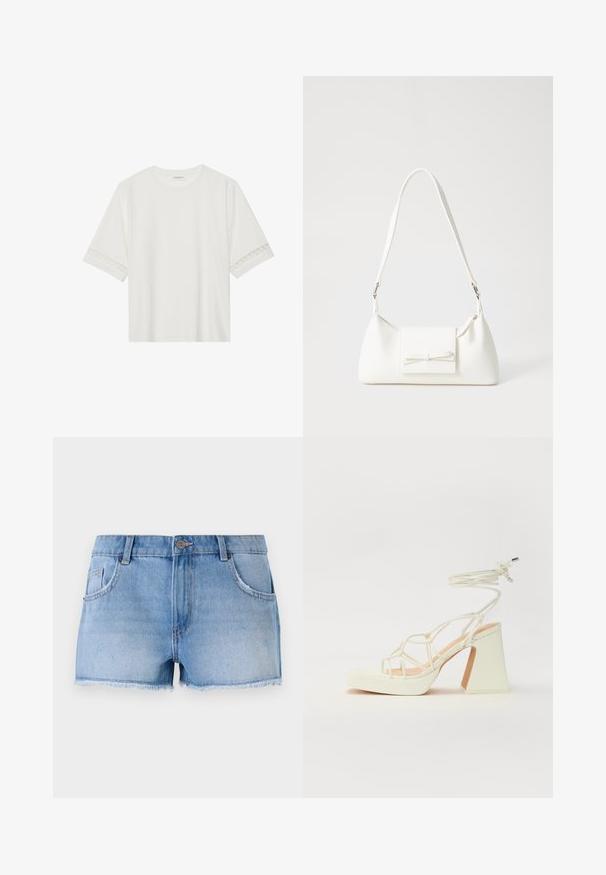 Bela kratka majica s kratkimi rokavi iz bombaža, okrašena z dekorativnim čipkastim robom ob rokavih in okroglo izrezom.; Denim kratke hlače v svetlo modri barvi, s frayed robom, petimi žepi in kovinsko zaponko za zapiranje v pasu.; Bela sandala na visokih petah s debelim petam, ki ima obliko trakcev in vezanje okoli gležnja. Gladka tekstura z platformo spredaj za dodatno višino.; Bela sintetična torbica v obliki trikotnika, z ravnim sprednjim poklopcem in detajlom mašne, nastavljivim trakom, gladko teksturo in minimalističnim dizajnom.