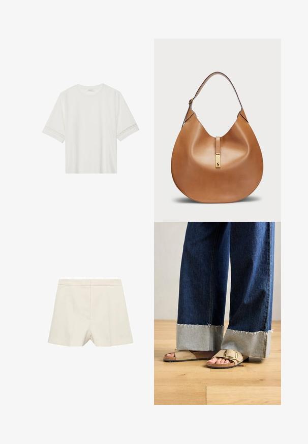 Biała, krótka koszulka z bawełny z dekoracyjnym koronkowym wykończeniem przy rękawach i okrągłym dekoltem.; Kremowe szorty o dopasowanym kroju, charakteryzujące się gładką teksturą, płaskim przodem i subtelnymi plisami. Prosty design bez zdobień.; Stopy w beżowych sandałach Birkenstock z złotymi klamrami, w połączeniu z ciemnoniebieskimi dżinsami podwiniętymi u dołu, stojące na drewnianej podłodze.; Torba skórzana w kolorze brązowym o zaokrąglonym kształcie i szerokim pasku na ramię. Posiada złoty metalowy akcent na środku oraz gładką fakturę.