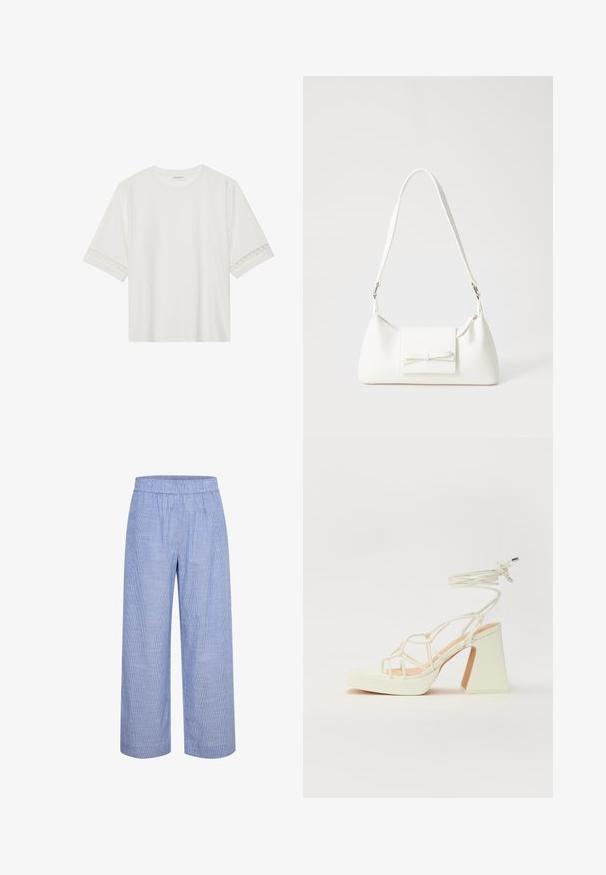 Balta trumpomis rankovėmis marškinėliai, pagaminti iš medvilnės, su dekoratyviais nėriniais aplink rankoves ir apvaliu kaklu.; Šviesiai mėlynos, dryžuotos laisvos kojų kelnės su elastinga juosmena. Pagamintos iš kvėpuojančios medžiagos, pasižyminčios lygiu, minkštu paviršiumi ir kasdiene siluetu.; Balti aukštakulniai sandalai su masyviu kulnu, su dirželių dizainu ir kulkšnies raiščiu. Lygi tekstūra su platforma priekyje, suteikianti papildomą aukštį.; Balta sintetinė rankinė trikampio formos, plokščiu priekiu su užsegimu, kaspino detale, reguliuojama dirželiu, lygia tekstūra ir minimalistišku dizainu.