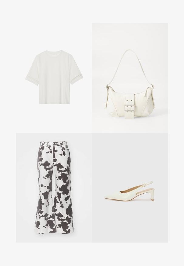 T-shirt blanc à manches courtes en coton, avec des bordures en dentelle décoratives le long des manches et un col rond.; Pantalons en denim évasés blancs avec motif tacheté noir de vache. Comprend cinq poches, passants de ceinture et fermeture à bouton à l'avant. La texture semble robuste.; Escarpin en cuir verni blanc, à bout pointu et à petit talon bloc. Comprend une fine sangle avec un détail de boucle dorée.; Sac à épaule blanc avec une finition texturée, une accentuation par une boucle centrale et une forme courbée. Fermetures éclair des deux côtés.