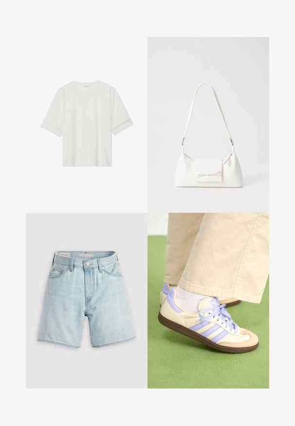 Camiseta blanca de manga corta hecha de algodón, con un ribete decorativo de encaje en las mangas y un escote redondo.; Shorts de mezclilla de lavado claro, de cintura alta, con un diseño de cinco bolsillos, cierre de botón y cremallera plateados, con dobladillo deshilachado y un ligero desgastado.; Zapatillas de crema y lavanda con tres rayas y una suela marrón texturizada, que cuentan con cordones y un talón acolchado. Parte superior de tela suave.; Bolso sintético blanco con forma triangular, tapa frontal plana y detalle de lazo, correa ajustable, textura suave y diseño minimalista.