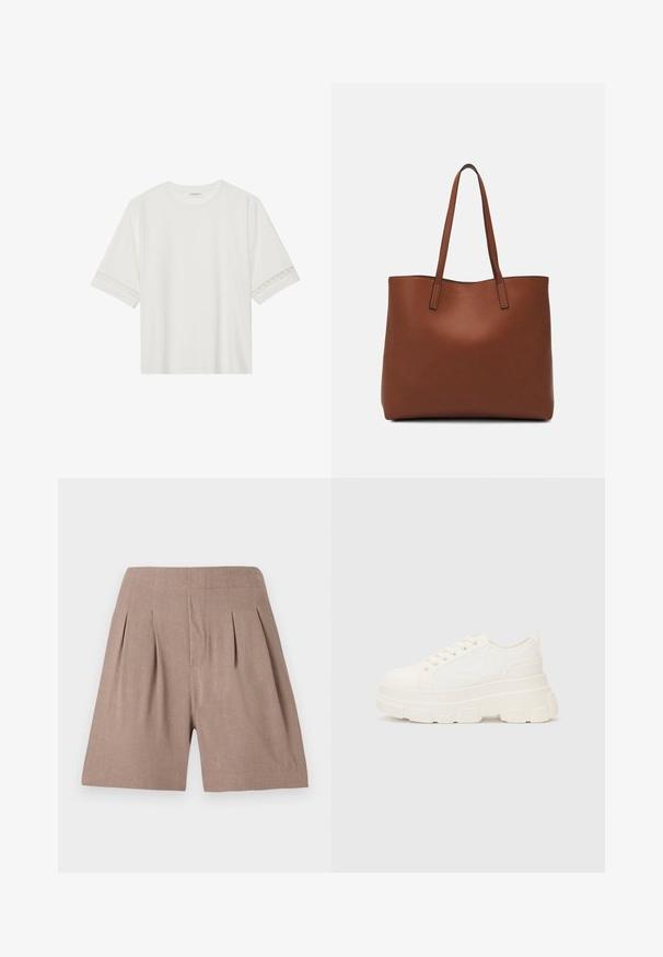 White short-sleeve t-shirt made from cotton, featuring decorative lace trim along the sleeves and a round neckline.; Brown pleated shorts made from a lightweight material, featuring a smooth texture and a tailored fit, with a clean, minimalist design.; White canvas sneaker with a chunky sole, rounded toe, and five eyelets for laces. Back tab for easy wear. Smooth texture, minimalist design.; Brown leather tote bag with a smooth texture, open top design, and two shoulder straps. Features minimal stitching and no visible hardware.