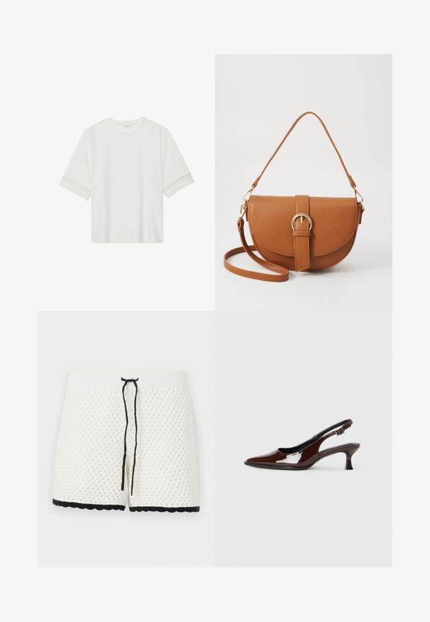 Balta īsām piedurknēm T-kreklu, izgatavotu no kokvilnas, ar dekoratīvu mežģīņu apdari ap piedurknēm un apaļu kakla izgriezumu.; Baltas adīts īsās bikses ar teksturētu dimanta rakstu. Jostasvietā ir melna aukla un apakšā ir melna viļņota apdare.; Brūnas patentētas ādas sprauga kurpes ar norādītu pirkstu un mērenu papēdi. Aprīkotas ar sprādzi, lai nodrošinātu drošu fit. Gluda tekstūra.; Brūns ādas plecu soma ar izliekta formu, zelta piederumiem un sprādzes akcentu. Iesaiņota ar noņemamu plecu siksnu.