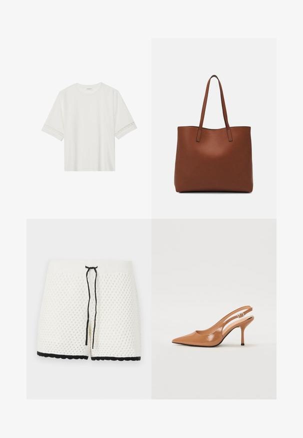 Balta trumpomis rankovėmis marškinėliai, pagaminti iš medvilnės, su dekoratyviais nėriniais aplink rankoves ir apvaliu kaklu.; Balti megzti šortai su tekstūruotu rombo raštu. Yra juodas raištelis juosmens srityje ir juodos bangos formos apdaila palei apačią.; Pailgų smailiu pirštu slingback kulnas, pagamintas iš lygaus, blizgaus rudos spalvos medžiagos. Yra kreivų išpjovimų dizainas ir lieknas stiletto kulnas. Sidabrinė sagtis.; Ruda odinė priekabų krepšys su glotnia tekstūra, atviru viršumi ir dviem petnešomis. Su minimalia siuvimo detalėmis ir nematoma aparatūra.