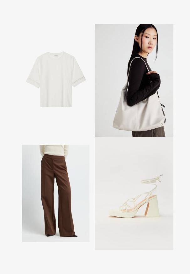 Witte korte mouwen t-shirt van katoen, met een decoratieve kantafwerking langs de mouwen en een ronde halslijn.; Bruine wijde broek gemaakt van zachte stof, met een op maat gemaakte tailleband en plooien, en een strakke, moderne silhouet.; Witte hoge hakken sandaal met een chunky hak, met een bandjesontwerp en enkelband. Gladde textuur met een plateau voor extra hoogte.; Beige handtas gemaakt van zacht materiaal, met een slonzig ontwerp, gestikte details en twee schouderbanden. Geschikt voor dagelijks gebruik.