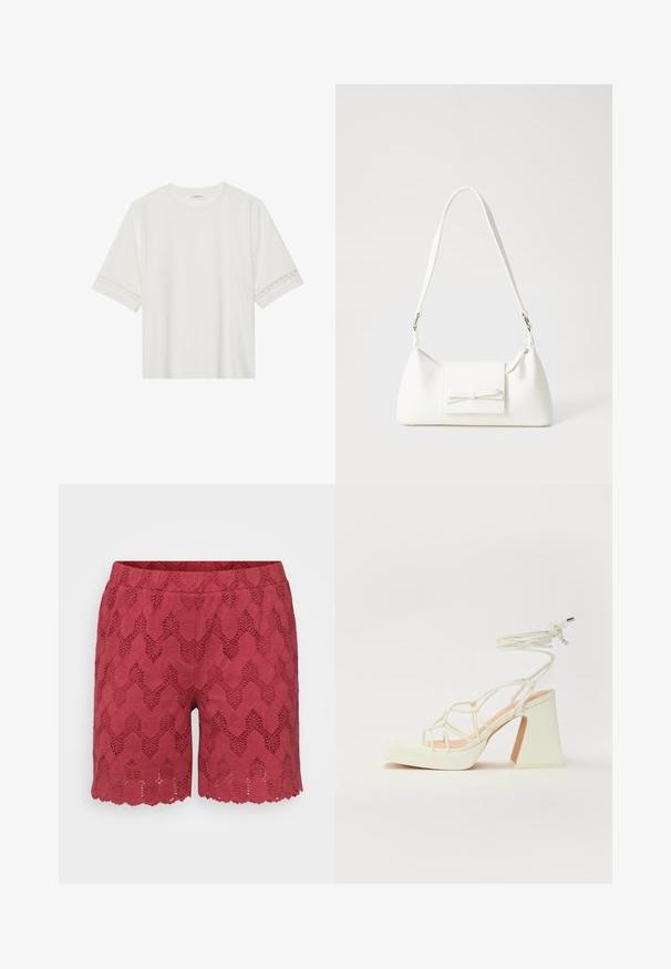 T-shirt branco de manga curta feito de algodão, com bainha de renda decorativa nas mangas e decote redondo.; Calções vermelhos em renda com um padrão em zigzag, apresentando uma bainha scallop e uma cintura elástica para conforto.; Sandálias brancas de salto alto com um salto robusto, apresentando um design com tiras e amarração no tornozelo. Textura suave com uma plataforma na frente para altura adicional.; Mala sintética branca com formato triangular, aba frontal plana e detalhe de laço, alça ajustável, textura suave e design minimalista.