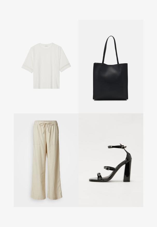 T-shirt blanc à manches courtes en coton, avec des bordures en dentelle décoratives le long des manches et un col rond.; Pantalons en lin beige à jambes larges avec taille élastique et cordon, dotés de deux poches avant et d'une finition moelleuse et texturée.; Sandales à talons vernies noires avec un bout carré, des sangles autour de la cheville et des boucles en argent. Dotées d'un talon bloc épais pour plus de stabilité.; Sac fourre-tout en cuir noir avec une texture lisse, de forme rectangulaire et deux longues poignées. Pas de matériel ou d'ornementations visibles.