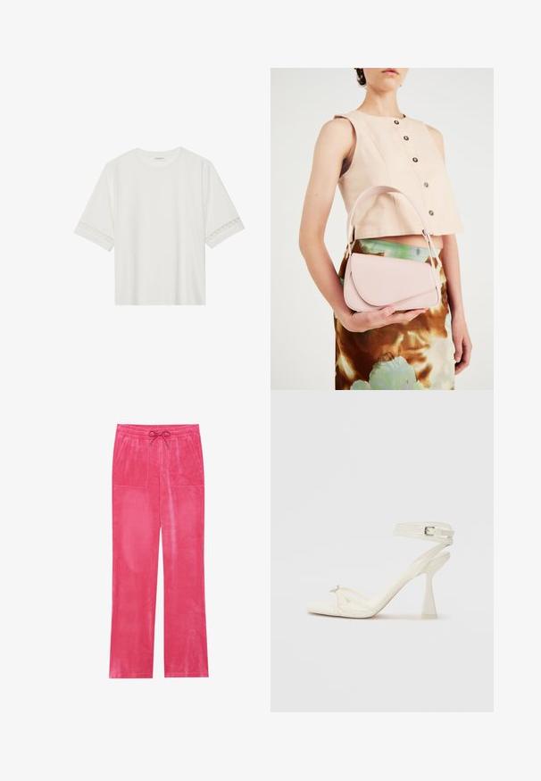 Witte korte mouwen t-shirt van katoen, met een decoratieve kantafwerking langs de mouwen en een ronde halslijn.; Roze fluwelen broek met een trekkoord in de taille, twee voorzakken, een breed model en een gladde textuur.; Strappy hoge hak sandaal in wit leer met een slank ontwerp, een transparante blokhak en een decoratief element bij de teen.; Roze leren handtas met een gebogen klep, één schouderband en strakke lijnen. De tas vertoont een gladde textuur en een minimalistisch ontwerp.