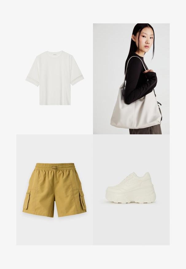 Balta īsām piedurknēm T-kreklu, izgatavotu no kokvilnas, ar dekoratīvu mežģīņu apdari ap piedurknēm un apaļu kakla izgriezumu.; Kaki krāsu kargo šorti ar elastīgu jostas joslu, auklu un divām sānu kabatām. Izgatavoti no viegla auduma ar gludu tekstūru.; Baltie platformas sporta apavi, kas izgatavoti no gludas mākslīgās ādas, ar noapaļotu formu, mīkstu apkakli un teksturētu gumijas zoli ar izteiktiem rakstiem.; Bežs rokassoma, izgatavota no mīksta materiāla, ar brīvu dizainu, izšūtu apdari un divām plecu siksnām. Piemērota ikdienas lietošanai.