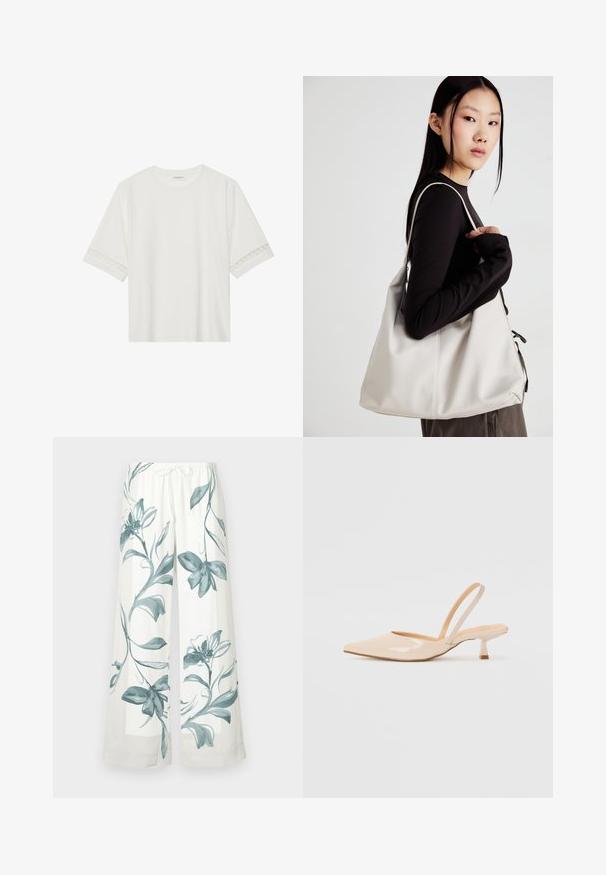 White short-sleeve t-shirt made from cotton, featuring decorative lace trim along the sleeves and a round neckline.; High-waisted, wide-leg trousers in white fabric featuring blue floral patterns. Elastic waistband with a tie, smooth texture, casual design.; Beige patent leather slingback heels with pointed toe and a slim, square heel. Smooth texture and minimalist design with no embellishments.; Beige handbag made of soft material, featuring a slouchy design, stitched detailing, and two shoulder straps. Suitable for everyday use.