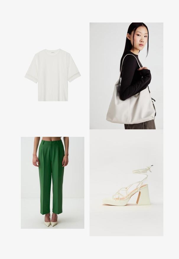 Weißes T-Shirt mit kurzen Ärmeln aus Baumwolle, mit dekorativem Spitzenbesatz entlang der Ärmel und einem runden Ausschnitt.; Grüne, maßgeschneiderte Hosen mit hoher Taille, weitem Bein und vorderen Falten. Der Stoff hat eine glatte Textur und wird durch spitze weiße Absätze ergänzt.; Weiße High-Heel-Sandale mit einem klobigen Absatz, die über ein Riemchendesign und ein Knöchelband verfügt. Glatte Textur mit einer Plattform vorne für zusätzliche Höhe.; Beige Handtasche aus weichem Material, mit einem lässigen Design, gesteppten Details und zwei Schulterriemen. Geeignet für den täglichen Gebrauch.