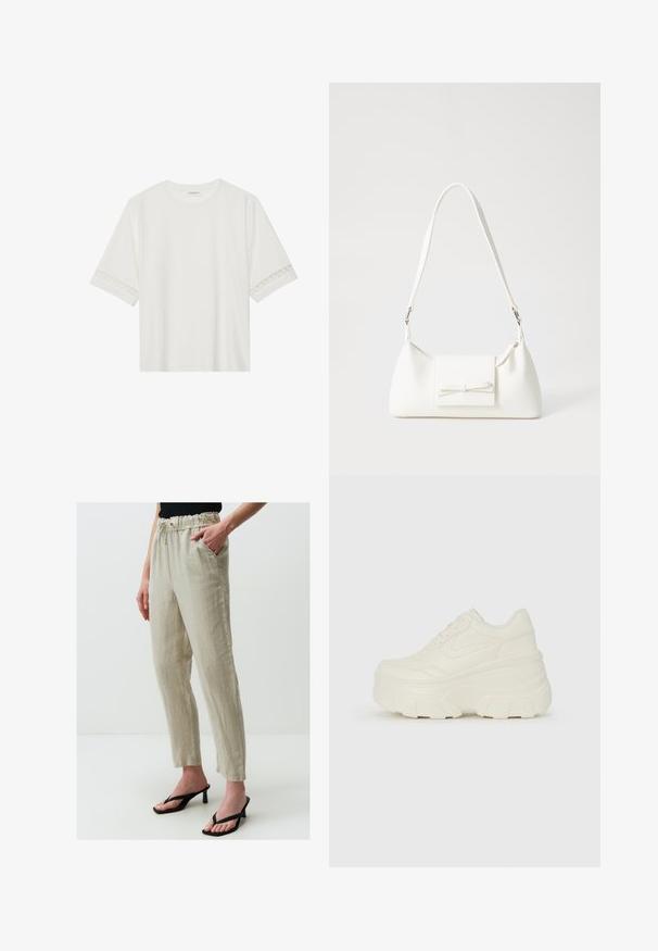 Biała, krótka koszulka z bawełny z dekoracyjnym koronkowym wykończeniem przy rękawach i okrągłym dekoltem.; Jimmy Key - Spodnie materiałowe; Białe sneakersy na platformie z gładkim, skórzano przypominającym wierzchem, zaokrąglonym kształtem, wyściełanym kołnierzem oraz teksturowaną gumową podeszwą z wyraźnym bieżnikiem.; Biała syntetyczna torba o trójkątnym kształcie, płaskim przednim klapce i detalach w postaci kokardy, regulowanym pasku, gładkiej fakturze oraz minimalistycznym designie.