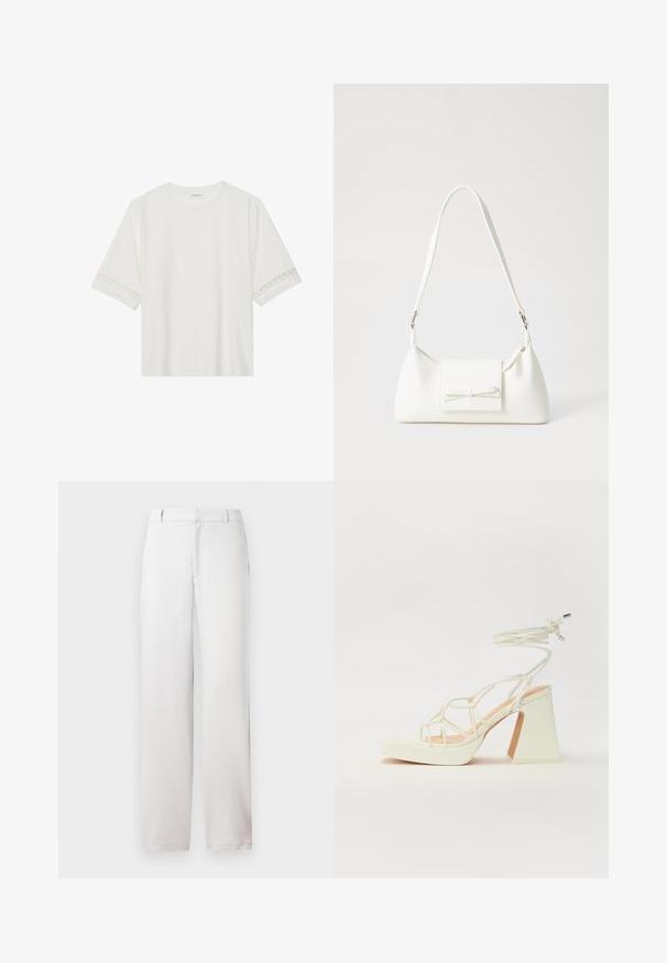 Valge lühikese varrukaga T-särk, mis on valmistatud puuvillast, kaunistatud pitsiga varrukate ääres ja ümmarguse kaelusega.; Valged sirged püksid, valmistatud siledast kangast. Omavad külgpüsse ja puhta vöökoha disaini. Minimalistlik ja neutraalne välimus.; Valged kõrge kontsaga sandaalid, millel on paks konts ja rihmadega disain koos pahkluu sidumisega. Sile tekstuur ja platvorm ees, et lisada kõrgust.; Valge sünteetilisest materjalist kott kolmnurkse kujuga, lame esiklapiga ja kaaredetailiga, reguleeritava rihmaga, sileda tekstuuriga ja minimalistliku disainiga.