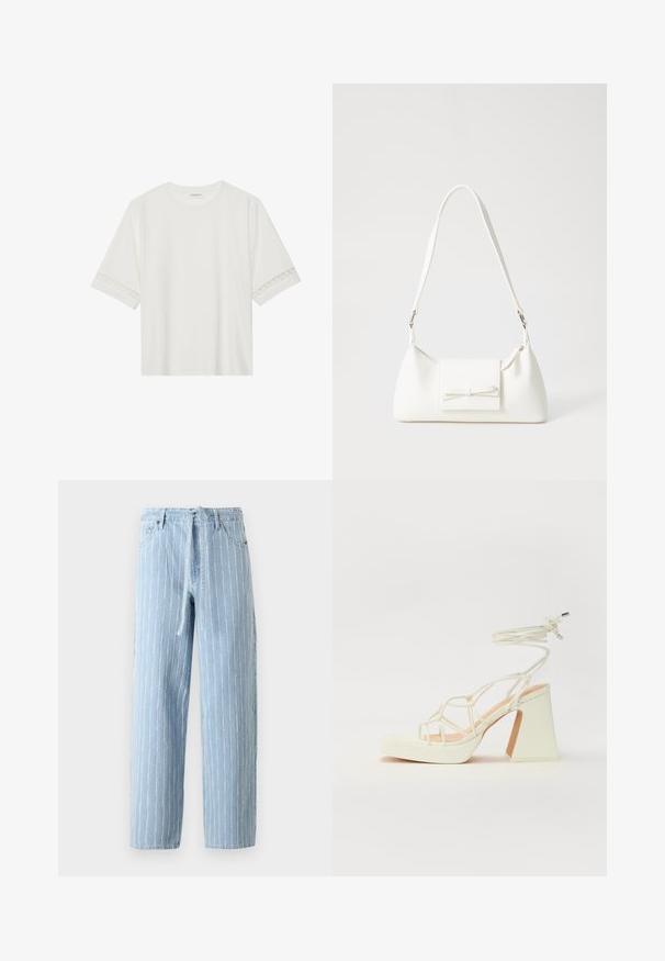 Bela kratka majica s kratkimi rokavi iz bombaža, okrašena z dekorativnim čipkastim robom ob rokavih in okroglo izrezom.; Svetlo modri traper hlače z navpičnimi belimi črtami, visok pas, ohlapen kroj, zanke za pas, in raztrgan rob. Dva sprednja žepa in zadrga za zapiranje.; Bela sandala na visokih petah s debelim petam, ki ima obliko trakcev in vezanje okoli gležnja. Gladka tekstura z platformo spredaj za dodatno višino.; Bela sintetična torbica v obliki trikotnika, z ravnim sprednjim poklopcem in detajlom mašne, nastavljivim trakom, gladko teksturo in minimalističnim dizajnom.