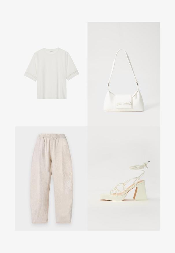 Hvid kortærmet t-shirt lavet af bomuld, med dekorativ blondekant langs ærmerne og en rund halsudskæring.; Lys beige, løstsiddende bukser med elastisk talje og subtil struktur. Lige ben, der taper en smule ved anklerne.; Hvide højhælede sandaler med en kraftig hæl, der har et stropdesign og ankelbinding. Glat tekstur med en platform foran for ekstra højde.; Hvid syntetisk håndtaske med en trekantet form, flad forsideklap og sløjfedetalje, justerbar strop, glat tekstur og minimalistisk design.