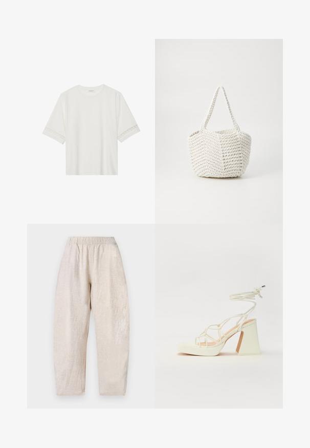 Vit kortärmad t-shirt i bomull, med dekorativa spetsdetaljer längs ärmarna och rund halsringning.; Ljust beige, löst sittande byxor med elastisk midja och subtil textur. Raka ben som smalnar av något vid anklarna.; Vit högklackad sandal med en kraftig klack, med ett remdesign och ankelband. Slät textur med en plattform framtill för ökad höjd.; Vävd vit handväska med texturerad yta, utrustad med två handtag och en strukturerad form, lämplig för vardagsanvändning.