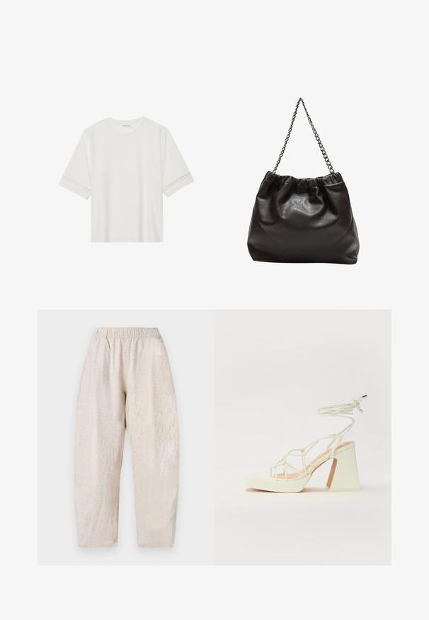 Hvid kortærmet t-shirt lavet af bomuld, med dekorativ blondekant langs ærmerne og en rund halsudskæring.; Lys beige, løstsiddende bukser med elastisk talje og subtil struktur. Lige ben, der taper en smule ved anklerne.; Hvide højhælede sandaler med en kraftig hæl, der har et stropdesign og ankelbinding. Glat tekstur med en platform foran for ekstra højde.; Brun lædertaske med en rynket top og en kædestrop. Glat tekstur med en blank finish og subtile sømdetaljer på siderne.