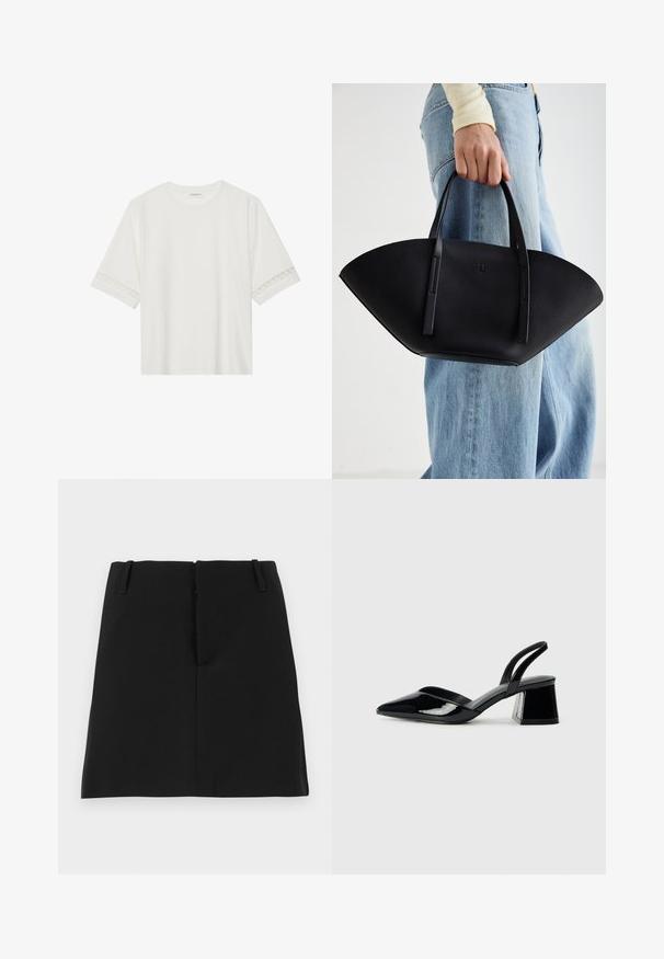 Camiseta blanca de manga corta hecha de algodón, con un ribete decorativo de encaje en las mangas y un escote redondo.; Mini falda negra con un diseño ajustado, que presenta dos bolsillos frontales y un dobladillo recto. Fabricada en una tela suave sin patrones visibles.; Zapatos de tacón slingback de charol negro con punta afilada y tacón geométrico en bloque. Presentan un diseño elegante y minimalista, así como una textura suave.; Bolso de mano de cuero negro con una forma de abanico única, que cuenta con asas planas. La superficie tiene una textura de grano y un diseño minimalista.