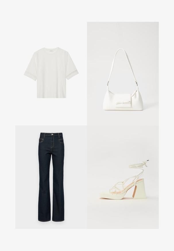 T-shirt branco de manga curta feito de algodão, com bainha de renda decorativa nas mangas e decote redondo.; Jeans flare de ganga escura com cintura alta, apresentando um fecho de botão à frente, cinco bolsos e costura amarela contrastante ao longo das costuras.; Sandálias brancas de salto alto com um salto robusto, apresentando um design com tiras e amarração no tornozelo. Textura suave com uma plataforma na frente para altura adicional.; Mala sintética branca com formato triangular, aba frontal plana e detalhe de laço, alça ajustável, textura suave e design minimalista.