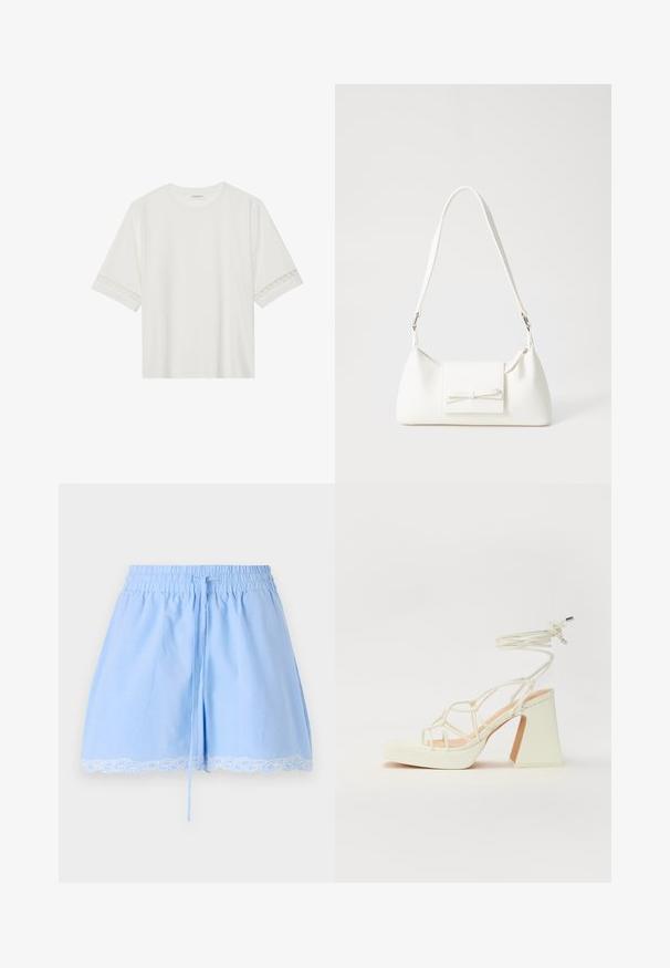 T-shirt blanc à manches courtes en coton, avec des bordures en dentelle décoratives le long des manches et un col rond.; Shorts en coton bleu clair avec une taille smockée, un cordon de serrage et une finition en dentelle blanche au bas. Texture douce et coupe décontractée.; Sandale blanche à talons hauts avec un talon épais, présentant un design à lanières et un lien autour de la cheville. Texture lisse avec une plateforme à l'avant pour une hauteur supplémentaire.; Sac à main synthétique blanc en forme triangulaire, avec un rabat avant plat et un détail en nœud, une bandoulière ajustable, une texture lisse et un design minimaliste.