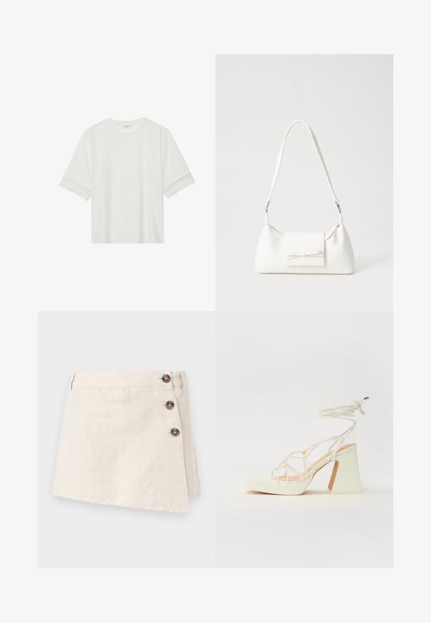 Balta īsām piedurknēm T-kreklu, izgatavotu no kokvilnas, ar dekoratīvu mežģīņu apdari ap piedurknēm un apaļu kakla izgriezumu.; Beige lina svārki ar apvīšanas dizainu, ar trim brūniem pogām sānos un nedaudz teksturētu auduma apdari.; Baltas augstpapēžu sandales ar masīvu papēdi, ar siksnu dizainu un potītes saistītiem elementiem. Gluda tekstūra ar platformu priekšpusē, lai nodrošinātu papildu augstumu.; Balta sintētiska soma ar trīsstūrveida formu, plakanu priekšējo vāciņu un loku detaļu, regulējamu siksnu, gludu tekstūru un minimālistisku dizainu.