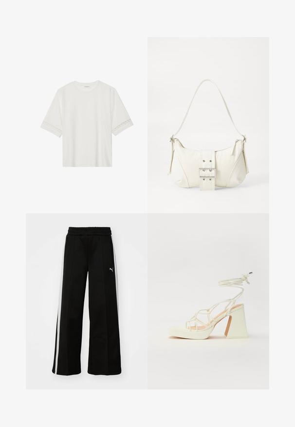 Balta īsām piedurknēm T-kreklu, izgatavotu no kokvilnas, ar dekoratīvu mežģīņu apdari ap piedurknēm un apaļu kakla izgriezumu.; Melnas platajās biksēs ar elastīgu jostu, vertikālām baltām svītrām, sānu rāvējslēdzēja kabatām un nelielu logotipu uz augšstilba.; Baltas augstpapēžu sandales ar masīvu papēdi, ar siksnu dizainu un potītes saistītiem elementiem. Gluda tekstūra ar platformu priekšpusē, lai nodrošinātu papildu augstumu.; Balts plecu soma ar teksturētu apdari, centrālu sprādzi un izliekta forma. Ražota ar rāvējslēdzēja aizdares abās pusēs.