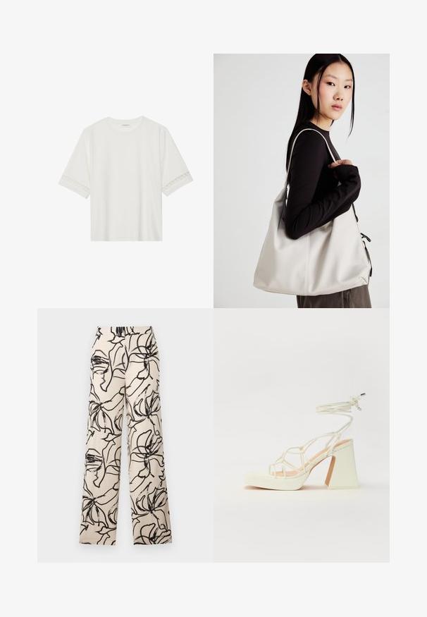 Camiseta blanca de manga corta hecha de algodón, con un ribete decorativo de encaje en las mangas y un escote redondo.; Pantalones de pierna ancha hechos de una tela ligera, con un fondo crema y un patrón floral abstracto en negro a lo largo.; Sandalia de tacón alto blanca con un tacón grueso, que presenta un diseño de tiras y un lazo en el tobillo. Textura suave con una plataforma en la parte delantera para mayor altura.; Bolso de mano beige hecho de material suave, con un diseño holgado, detalles cosidos y dos asas. Adecuado para uso diario.