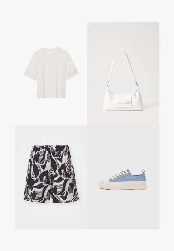 Balta īsām piedurknēm T-kreklu, izgatavotu no kokvilnas, ar dekoratīvu mežģīņu apdari ap piedurknēm un apaļu kakla izgriezumu.; Melnas un krēmkrāsas šortus ar abstraktiem rakstiem, ar elastīgu jostu un brīvu piegriezumu, izgatavoti no viegla auduma.; Gaiši zili kanvas sneakeri ar krēmkrāsas gumijas pirksta aizsargu un ārējo zoli, aprīkoti ar baltām šņorēm un cilpu uz papēža.; Balta sintētiska soma ar trīsstūrveida formu, plakanu priekšējo vāciņu un loku detaļu, regulējamu siksnu, gludu tekstūru un minimālistisku dizainu.