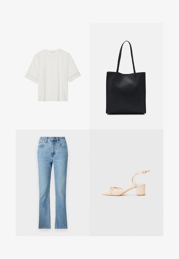 Tricou alb cu mânecă scurtă, confecționat din bumbac, cu dantelă decorativă pe marginea mânecilor și un guler rotund.; Jeans din denim bleu deschis cu talie înaltă, croială evazată și stil clasic cu cinci buzunare. Dispune de bucle pentru curea și cusături vizibile.; Sandale cu toc cu curea bej, cu vârf pătrat, design frontal răsucit, curea pentru gleznă și toc pătrat. Textură netedă, stil minimalist.; Geantă tote neagră din piele, cu textură netedă, formă rectangulară și două mânere lungi. Fără hardware vizibil sau ornamente.
