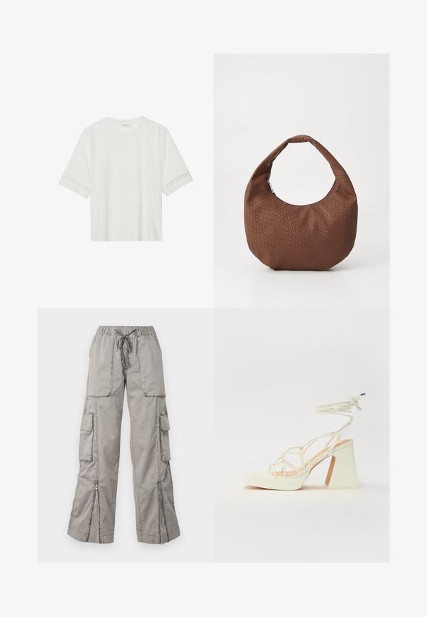White short-sleeve t-shirt made from cotton, featuring decorative lace trim along the sleeves and a round neckline.; Light grey cargo pants with an elastic waistband, adjustable tie, multiple side pockets, and zippered hems. Made of soft, lightweight fabric.; White high-heeled sandal with a chunky heel, featuring a strappy design and ankle tie. Smooth texture with a platform front for added height.; Brown woven handbag with a rounded shape, featuring a single, padded handle and a textured surface. No visible hardware or accents.