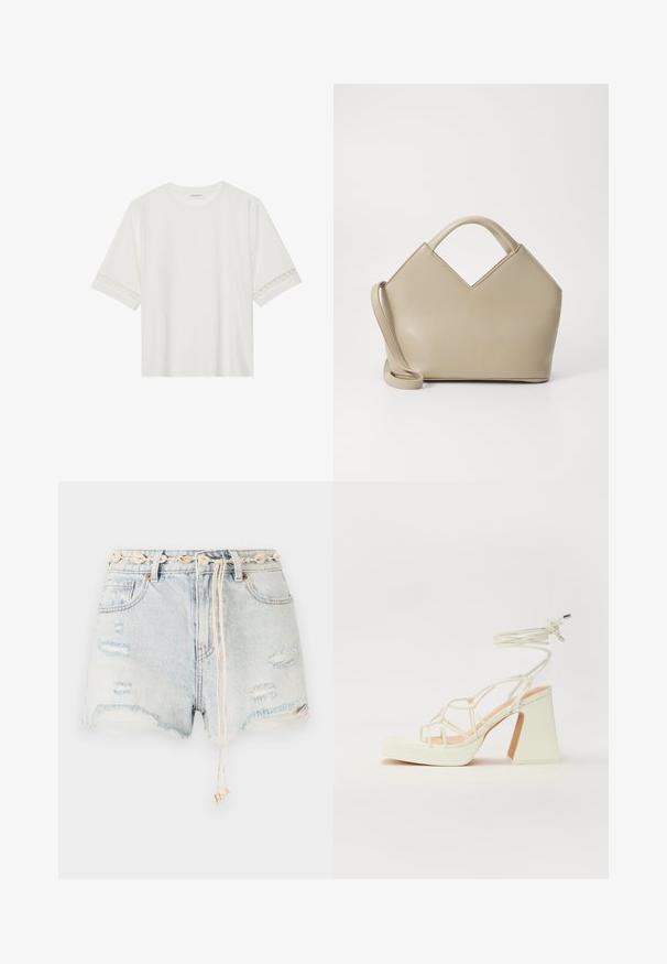 Balta trumpomis rankovėmis marškinėliai, pagaminti iš medvilnės, su dekoratyviais nėriniais aplink rankoves ir apvaliu kaklu.; Šviesiai mėlynos džinsinės šortai, su nusidėvėjusiais akcentais ir suplėšytais kraštais. Jie turi dekoratyvų vėžlio diržą ir kaklaraištį su smėlio spalvos akcentais.; Balti aukštakulniai sandalai su masyviu kulnu, su dirželių dizainu ir kulkšnies raiščiu. Lygi tekstūra su platforma priekyje, suteikianti papildomą aukštį.; Šviesiai ruda struktūruota rankinė su V formos viršumi, lygaus odos paviršiaus, trumpomis rankenomis ir ilgu reguliuojamu dirželiu. Minimalistinis dizainas.