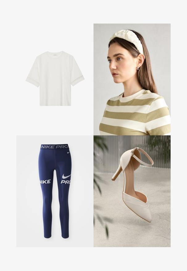 Vit kortärmad t-shirt i bomull, med dekorativa spetsdetaljer längs ärmarna och rund halsringning.; Mörkblå sportleggings tillverkade av stretchigt material, med "NIKE" och "PRO" i fet vit text på sidorna och ett mönstrat midjeband.; Vit högklackad sko i glatt material med spetstopp och ankelsnodd. Har en ljusbrun inredning och guldfärgad detaljer.; Krämfärgad vadderad huvudband med vriden design, i kombination med en beige och vit randig skjorta med rund halsringning. Diskreta smyckeakcenter.