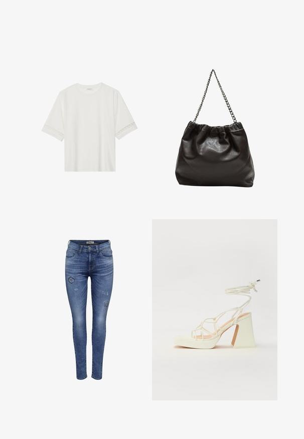 Bjela majica kratkih rukava od pamuka, s dekorativnom čipkastom obrubom duž rukava i okruglim izrezom.; Uske skinny traperice od plavog denima s izblijedjelim dijelovima i uvezenim detaljima, s klasičnim dizajnom s pet džepova i zakopčavanjem na dugme.; Bijela sandala na visokoj potpetici s debelim petom, s remenom i vezanjem oko gležnja. Glatka tekstura s platformom sprijeda za dodatnu visinu.; Smeđa kožna torba s naboranim vrhom i lančićem za nošenje. Glatka tekstura s sjajnim završetkom i suptilnim šavnim detaljima sa strane.