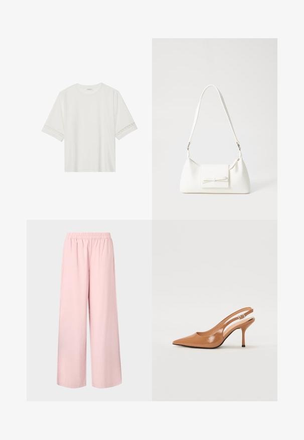 Hvit t-skjorte med kort erme laget av bomull, med dekorativ blondekant langs ermene og en rund halslinning.; Lyserøde vide bukser med elastisk talje og glat tekstur, med en løs pasform og lige skæring fra talje til kant.; Spiss tå slingback hæl i et glat, glinsende brunt materiale. Har et buet utskårent design og en slank stilett hæl. Sølvspenne detalj.; Hvit syntetisk håndveske med trekantet form, flat klaff foran og sløyfe detaljer, justerbar stropp, glatt tekstur og minimalistisk design.