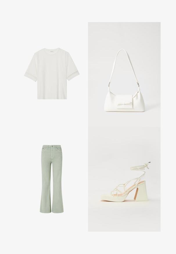 Vit kortärmad t-shirt i bomull, med dekorativa spetsdetaljer längs ärmarna och rund halsringning.; Gröna kordflamsbyxor med utsvängd ben, midja med medelhög höjd, som har framfickor, knappstängning och en mjuk yta.; Vit högklackad sandal med en kraftig klack, med ett remdesign och ankelband. Slät textur med en plattform framtill för ökad höjd.; Vit syntetisk handväska med triangulär form, platt framklaff och rosettdetalj, justerbar rem, slät textur och minimalistisk design.