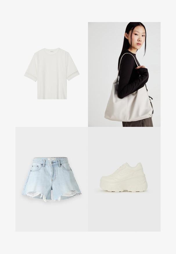 T-shirt bianco a maniche corte in cotone, con bordi in pizzo decorativi lungo le maniche e scollo rotondo.; Shorts in jeans blu chiaro con orlo sfrangiato, bordi sfilacciati e design classico a cinque tasche. Presentano chiusura con bottone metallico e zip.; Sneakers bianchi con piattaforma, caratterizzati da una parte superiore simile alla pelle liscia, forma arrotondata, collo imbottito e suola in gomma testurizzata con scanalature ben definite.; Borsa a mano beige realizzata in materiale morbido, caratterizzata da un design morbido, dettagli cuciti e due manici. Adatta per l'uso quotidiano.