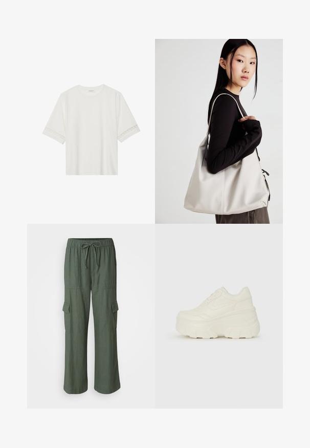 White short-sleeve t-shirt made from cotton, featuring decorative lace trim along the sleeves and a round neckline.; GAP PULL ON - Cargo trousers - laurel wreath; White platform sneakers featuring a smooth leather-like upper, rounded shape, padded collar, and textured rubber sole with defined treads.; Beige handbag made of soft material, featuring a slouchy design, stitched detailing, and two shoulder straps. Suitable for everyday use.