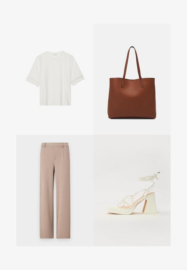 Fehér, rövid ujjas póló, pamutból készült, díszes csipkés szegéllyel az ujjak mentén és kerek nyakkivágással.; Világos bézs nadrág egyenes szabással, szabott dizájnnal, elülső zsebekkel, sima textúrával és derékrésszel.; Fehér, magassarkú szandál vastag sarokkal, pántos dizájnnal és bokapánttal. Sima textúra, elülső platformmal a megnövelt magasság érdekében.; Barna bőr vászontáska sima textúrával, nyitott tetejű dizájnnal és két vállpánttal. Minimális varrással és látható hardver nélkül készült.