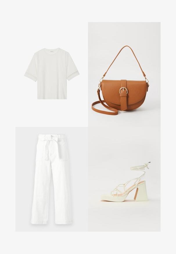 Biała, krótka koszulka z bawełny z dekoracyjnym koronkowym wykończeniem przy rękawach i okrągłym dekoltem.; Białe bawełniane spodnie o szerokim kroju nogawki, z wiązaniem w pasie z przodu, kieszeniami bocznymi i widocznymi detalami ściegów.; Biała sandał na wysokim obcasie z masywnym słupkiem, z paskowym wzorem i wiązaniem przy kostce. Gładka faktura z platformą z przodu dla dodatkowej wysokości.; Brązowa skórzana torba na ramię o zaokrąglonym kształcie, ze złotymi akcentami i zapięciem w formie klamry. Posiada odpinany pasek na ramię.