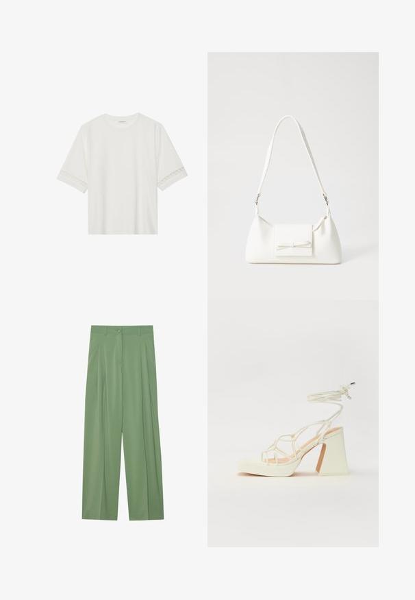 Bílé tričko s krátkým rukávem vyrobené z bavlny, s dekorativní krajkovou aplikací na rukávech a kulatým výstřihem.; Zelené kalhoty s širokými nohavicemi vyrobené z hladkého materiálu. Mají skladby vpředu, jedno tlačítko na zapínání a poutka na pás.; Bílé sandály na vysokém podpatku s robustním podpatkem, s designem s pásky a zavazováním kolem kotníku. Hladký povrch s platformou vpředu pro zvýšení výšky.; Bílá syntetická kabelka v trojúhelníkovém tvaru, s plochým předním klopným víkem a detailem mašle, nastavitelným popruhem, hladkým povrchem a minimalistickým designem.