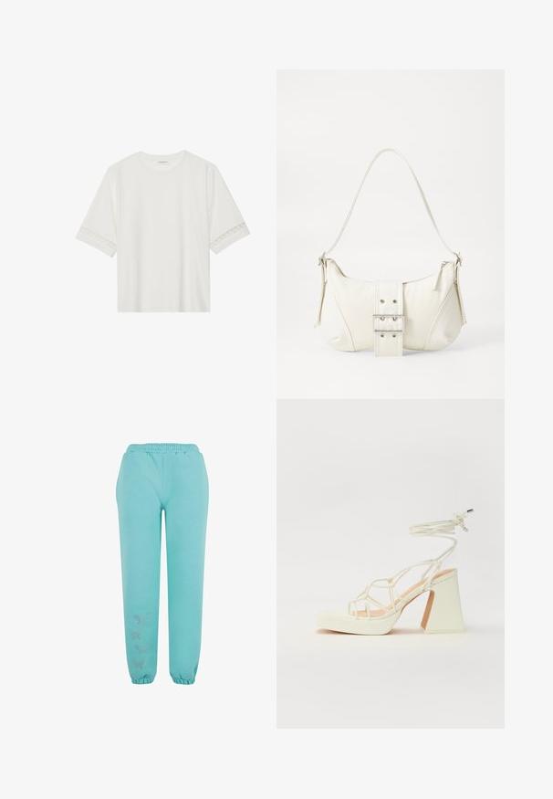 Balta īsām piedurknēm T-kreklu, izgatavotu no kokvilnas, ar dekoratīvu mežģīņu apdari ap piedurknēm un apaļu kakla izgriezumu.; Tirkīza krāsas sporta bikses, kas izgatavotas no mīksta auduma, ar elastīgu jostasvietu, elastīgiem apročiem un dekoratīviem tauriņu rotājumiem.; Baltas augstpapēžu sandales ar masīvu papēdi, ar siksnu dizainu un potītes saistītiem elementiem. Gluda tekstūra ar platformu priekšpusē, lai nodrošinātu papildu augstumu.; Balts plecu soma ar teksturētu apdari, centrālu sprādzi un izliekta forma. Ražota ar rāvējslēdzēja aizdares abās pusēs.