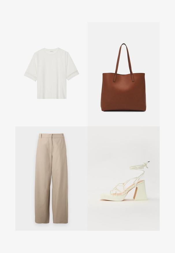 Balta īsām piedurknēm T-kreklu, izgatavotu no kokvilnas, ar dekoratīvu mežģīņu apdari ap piedurknēm un apaļu kakla izgriezumu.; Bežīgas, plašas bikses, kas izgatavotas no kokvilnas. Iezīmējas ar gludu priekšpusi, divām sānu kabatām un vieglu tekstūru. Vienkāršs, funkcionāls dizains.; Baltas augstpapēžu sandales ar masīvu papēdi, ar siksnu dizainu un potītes saistītiem elementiem. Gluda tekstūra ar platformu priekšpusē, lai nodrošinātu papildu augstumu.; Brūna ādas iepirkumu soma ar gludu tekstūru, atvērta augšdaļa un divas plecu siksnas. Izceļas ar minimālām šuvēm un redzamu aparatūru nav.