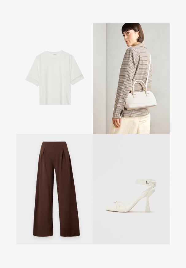 Balta trumpomis rankovėmis marškinėliai, pagaminti iš medvilnės, su dekoratyviais nėriniais aplink rankoves ir apvaliu kaklu.; Plačios kojos kelnės tamsiai rudos spalvos audinyje, su aukštu liemeniu, priekinių raukšlių ir lygia tekstūra. Tinka įvairioms progoms.; Baltos odinės aukštakulnės sandalai su dirželiais, elegantiško dizaino, skaidriu blokiniu kulnu ir dekoratyviu elementu ant piršto.; Balta struktūruota rankinė su trumpomis rankenomis ir peties diržu, su auksinėmis detalėmis ir tekstūruota medžiaga, pastatyta prieš pilką foną.