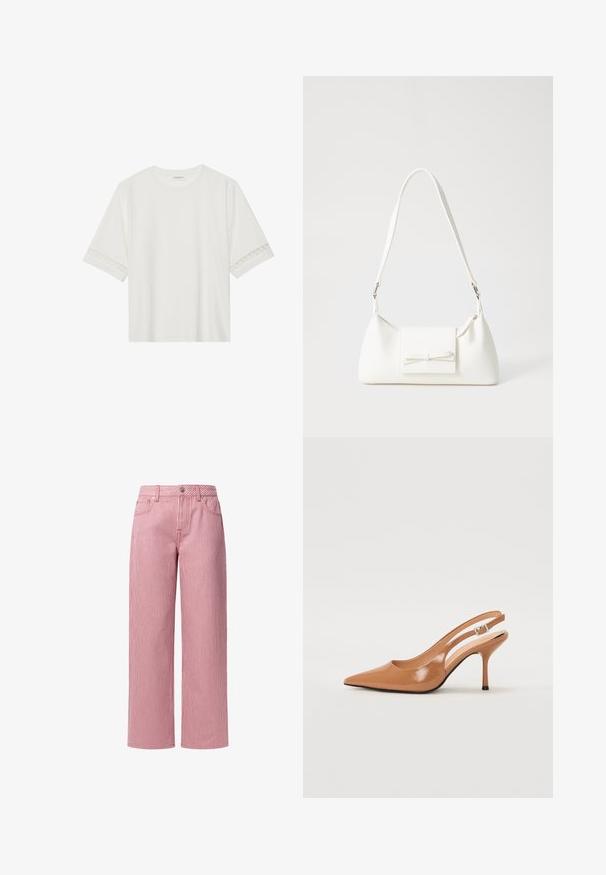 Valge lühikese varrukaga T-särk, mis on valmistatud puuvillast, kaunistatud pitsiga varrukate ääres ja ümmarguse kaelusega.; Punase ja valge triibuline laia säärega püksid, kõrge vöökoht, esikotid, metallist nööbi sulgemine ja vööloopidega. Valmistatud kergest kangast.; Küüntega slingback konts, mis on valmistatud siledast ja läikivast tan värvi materjalist. Omab kaarjat lõigatud disaini ja õhukest stiletto kontsa. Hõbedane pandla detail.; Valge sünteetilisest materjalist kott kolmnurkse kujuga, lame esiklapiga ja kaaredetailiga, reguleeritava rihmaga, sileda tekstuuriga ja minimalistliku disainiga.
