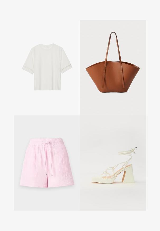 Valkoinen lyhythihainen t-paita, joka on valmistettu puuvillasta ja jossa on koristeellinen pitsireunus hihojen ympärillä sekä pyöreä pääntie.; Vaaleanpunaiset lyhyet shortsit, jotka on valmistettu teksturoidusta kankaasta. Ominaisuuksina joustava vyötärö, jossa on kiristysnarut ja hopeiset päitä, suunniteltu mukavuutta varten.; Valkoinen korkokenkä, jossa on paksu korko, ja joka sisältää nauhakiinnityksen ja nilkkaketjun. Sujuva pinta, jossa on platform-etupohja lisäkorkeutta varten.; Ruskea nahkabandi, jossa on leveä, jämäkkä muoto, ohuet kahvat ja teksturoitu pinta. Minimalistinen muotoilu, jossa ei ole näkyvää metalliosaa.