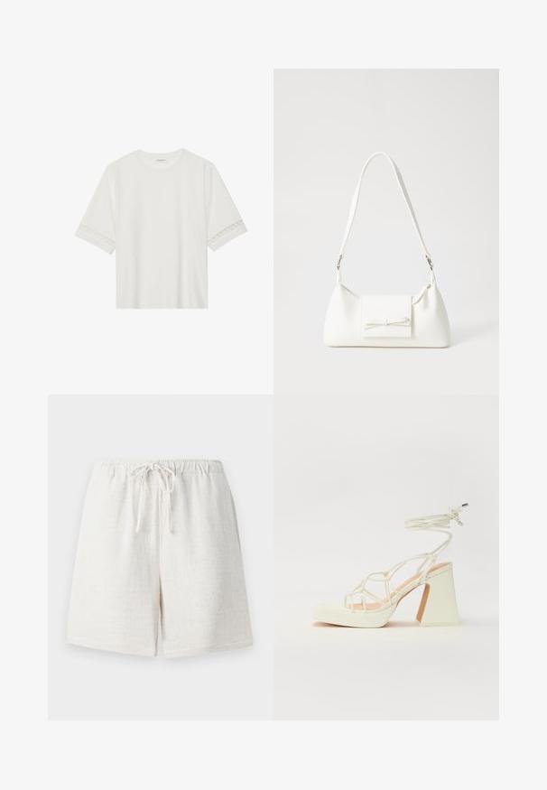 Bela kratka majica s kratkimi rokavi iz bombaža, okrašena z dekorativnim čipkastim robom ob rokavih in okroglo izrezom.; Linen kratke hlače v krem belo barvo z elastiko v pasu in vrvico. Imajo teksturirano površino in ohlapen kroj.; Bela sandala na visokih petah s debelim petam, ki ima obliko trakcev in vezanje okoli gležnja. Gladka tekstura z platformo spredaj za dodatno višino.; Bela sintetična torbica v obliki trikotnika, z ravnim sprednjim poklopcem in detajlom mašne, nastavljivim trakom, gladko teksturo in minimalističnim dizajnom.